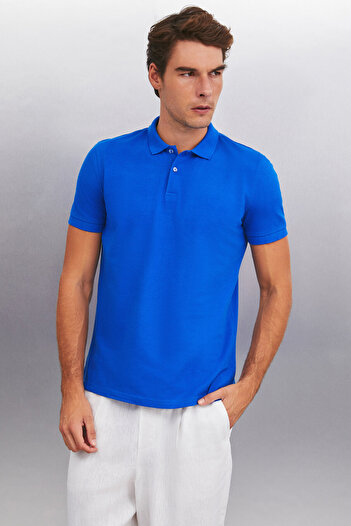 GRIMELANGE MARTEN Férfi - Saks Blue Polo gallérral, normál szabású póló, 100% pamut, rövid ujjú
