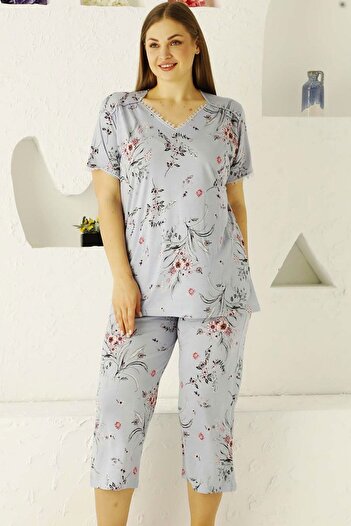 ALİMER Light Blue Floral Print Large Size Bermuda Pajamas Set - V-neck, Short Sleeve EDY2704B-MV