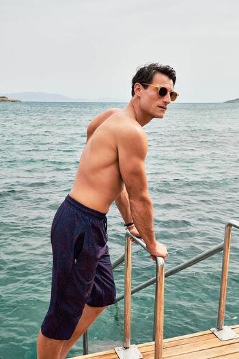 Haşema Navy Blue Red Patterned Long Men's Shorts - 24-22 for Pool and Sea