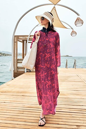 Haşema Fuchsia Patterned Long Pareo - 4091
