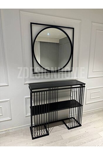 zdesignhome 85 Cm Ayna ,90x30x100 Cm Dresuar Takım (Raf Siyah Cam) Z01