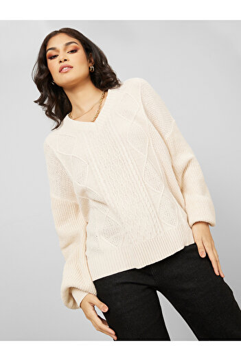 Styli Oversized V Neck Cable Knit Sweater