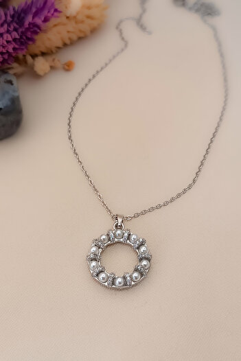 COSİTA İnci Zirkon Taş Çelenk Daire Klasik Silver Çelik Kolye