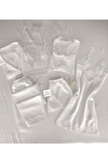 MH Moony Homewears Set de cămașă de noapte albă, din satin, cu 7 piese, în cutie, pijamale, zestre uriașă