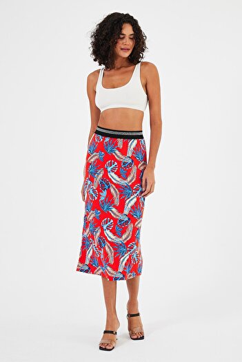 Penyelux Red Floral Patterned Cotton Women's Long Skirt - Elastic Waist