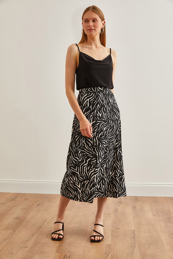 Olalook Zebra Patterned Black Elastic Waist Long Women's Skirt - ETK-19000259