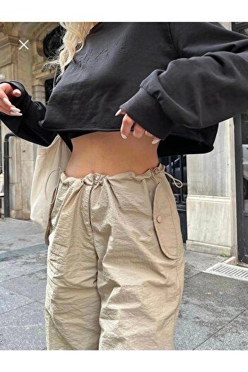 Gofeel Bej Tactical Tarzı Kumaş Baggy Bol Kalıp Lastikli Bel ve Paça Detaylı Oversize Pantolon
