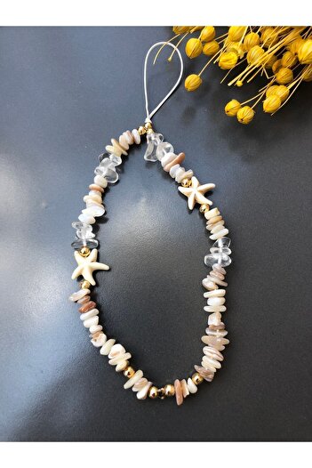 Stoneday Pearlescent Broken Stone Gold Detailed Starfish Phone Strap Charm Lanyard