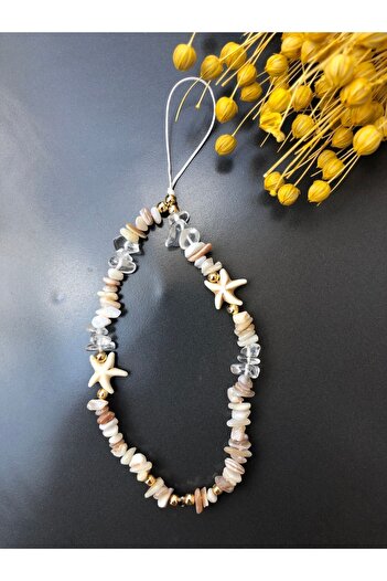 Stoneday Pearlescent Broken Stone Gold Detailed Starfish Phone Strap Charm Lanyard
