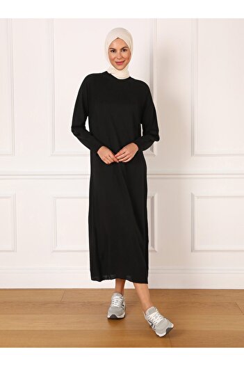 Refka Belt Detailed Raglan Sleeve Knitwear Hijab Dress - Black - Refka