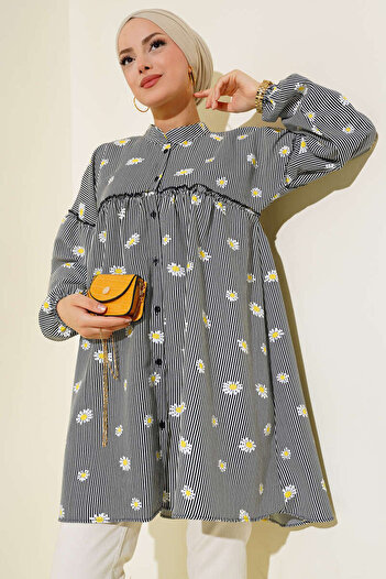 İKLİM LİFE Black Striped Daisy Patterned Layered Tunic