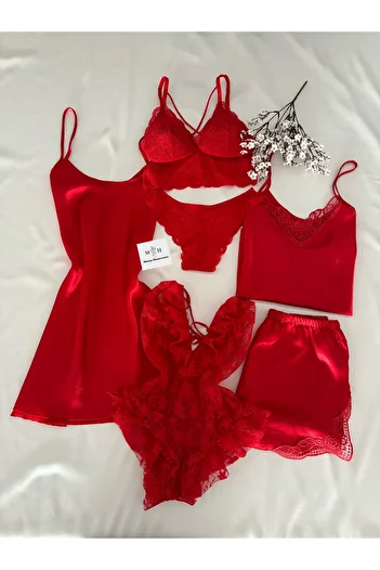 MH Moony Homewears Hotpointer Six-Piece Satin Pajamas - Nightwear and Lingerie Dowry Set