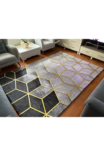 MEKA TEKSTİL Black Pyramid Pattern Silk Velvet Elastic Carpet Cover
