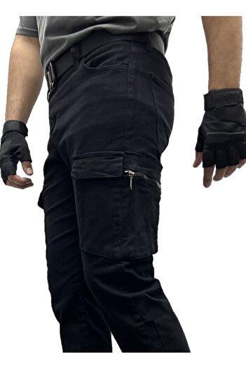 Polviton Men's Black Cargo Pants - Pocket, Zip-Up, Lycra, Stretchy & Combat Tactical