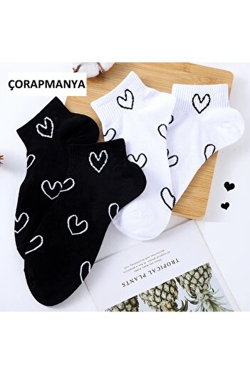 çorapmanya Black and White Heart Patterned Half Socks for Women - 4 Pairs