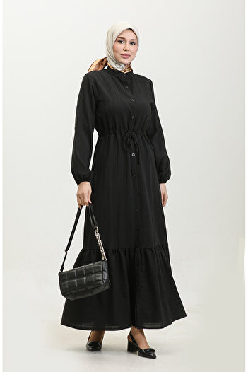 sefamerve Black Buttoned and Gathered Skirt Dress - 0351-01