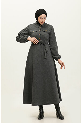 sefamerve Anthracite Cup Dress - Pocket Detailed, Model 0331-01