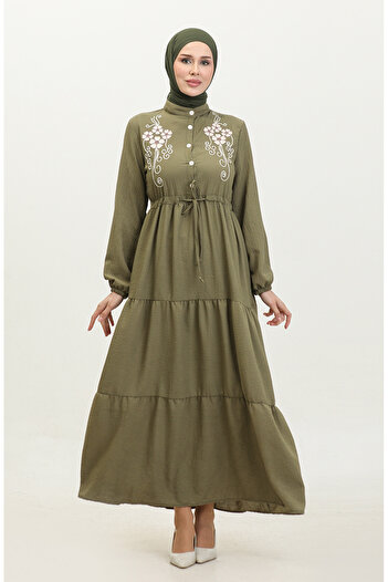 sefamerve Khaki Embroidered Dress - Half Button, Model 0381-03