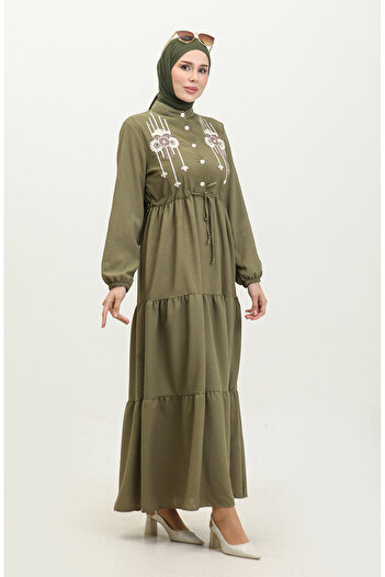 sefamerve Khaki Embroidered Drawstring Belted Dress - 0382-01