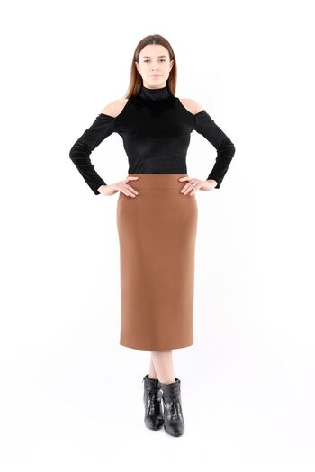 G-Line Hazelnut Color Midi Pencil Skirt with Back Zipper - Slit