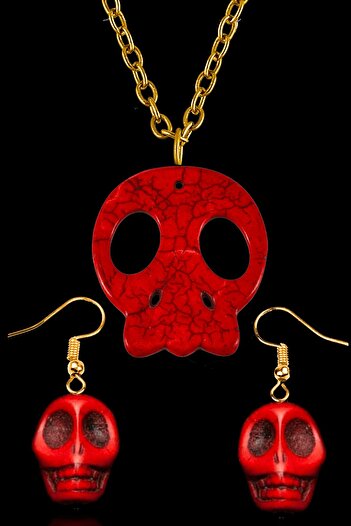 Tesbih Atölyesi Certified Gold Skeleton Model Red Howlite Stone Necklace and Earrings Set