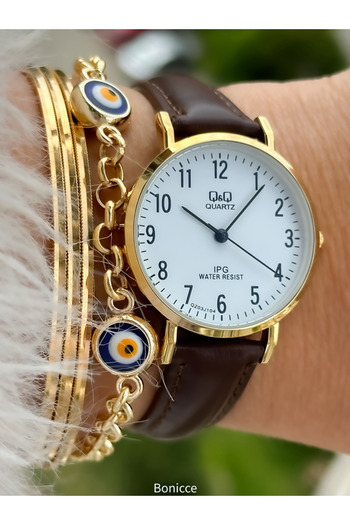 Q&Q Retro Brand - Brown Leather Cord and Yellow Case, Numeral Women's Wristwatch + Bracelet Set