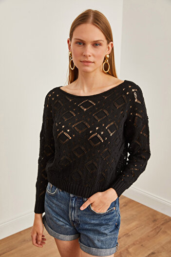 Olalook Schwarze durchbrochene Strick-Saisonbluse – Fledermausärmel BLZ-19002666