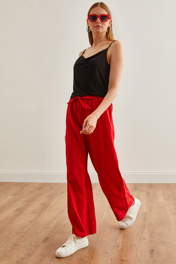 Olalook Red Belted Elastic Waist Palazzo Trousers - PNT-19000200