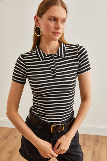 Olalook Μαύρη μπλούζα Polo λαιμόκοψη Lycra - Χοντρό ριγέ, με κουμπιά BLZ-19002558