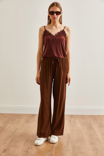 Olalook Bitter Brown Viscon Palazzo Trousers - Belted, Women, PNT-19000169