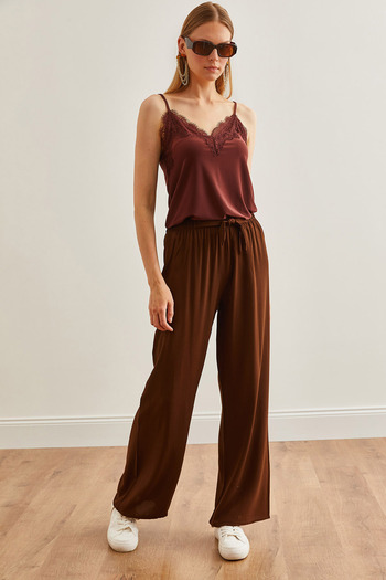 Olalook Bitter Brown Viscon Palazzo Trousers - Belted, Women, PNT-19000169