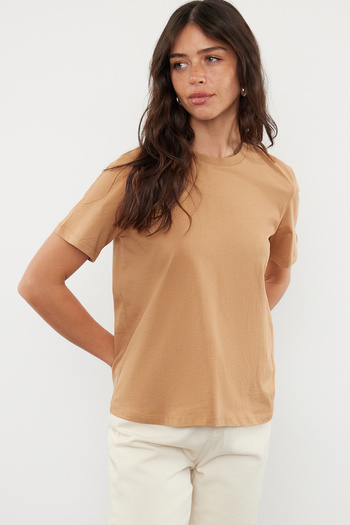 Trendyol Collection Mink 100% Cotton Basic Crew Neck Knitted T-Shirt Twoss23Ts00000