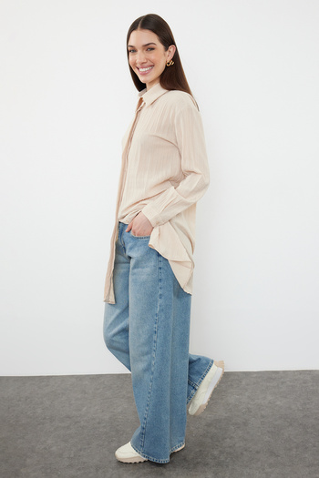Trendyol Modest Beige Midi Krinkle Shirt - TCTSS24TG00067