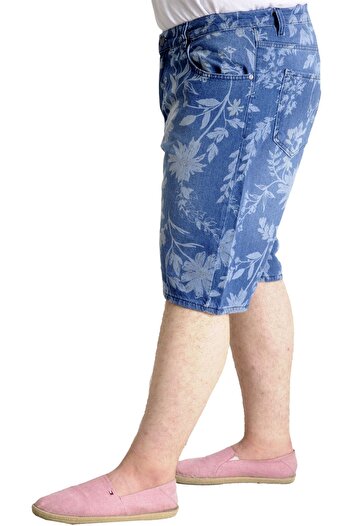ModeXL Mode Xl Large Size Men's Denim Shorts Leaf Patterned 23807 Blue