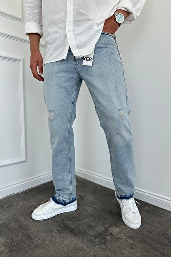 MADZEYMODA Erkek Baagy Kalıp Yırtık Detaylı Mavi Jean Kot Pantolon