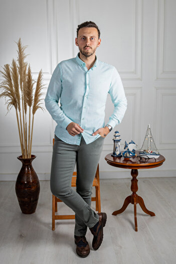 Sarar İnterview Sarar Goias Düğmeli Yaka Slim Fit Keten Yeşil Gömlek