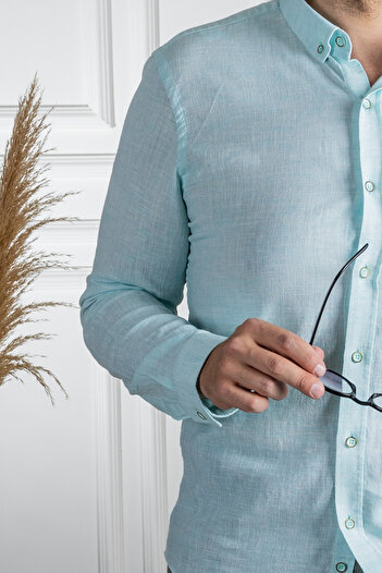 Sarar İnterview Sarar Goias Düğmeli Yaka Slim Fit Keten Yeşil Gömlek