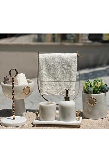 ege gross White Marbroom Bathroom Set - 7 Pieces - Gold Detail