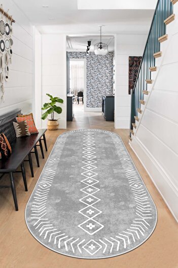 Confidence Home Machine Washable Non-Slip Base Stain Resistant Oval Runner Gray Cutting Runner for Home Decoration