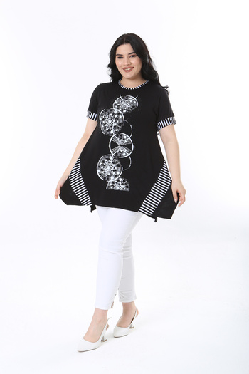 XL Modam Large Size Viscose Striped and Stone Printed Black Tunic