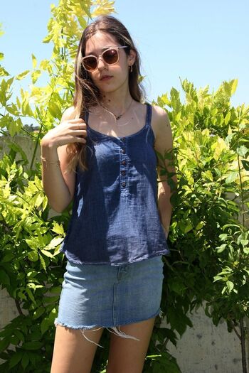 Bohemian Women's Antique Denim Color Looking Back Cross Strap Organic Cotton Natural Blouse