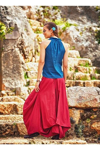 Bohemian Degaje Collar Sleeveless Off-the-Shoulder Indigo Blouse