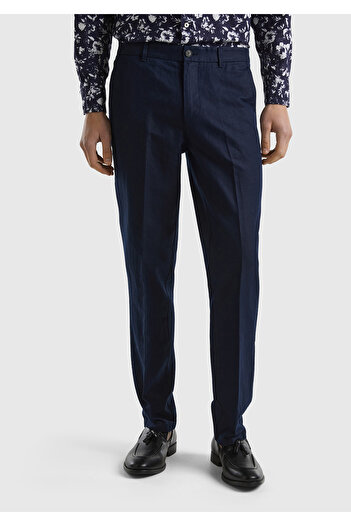 United Colors of Benetton Men's Linen Blended - Straight Dark Navy Blue Trousers with Pocket Ribbed Belt