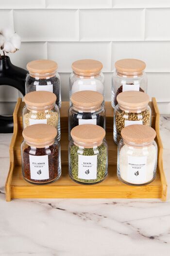 DNS HOME 9-Piece Spice Jar Set - Wooden Lid, Layered Stand, Spice Label, Glass 300 ml Storage Jar