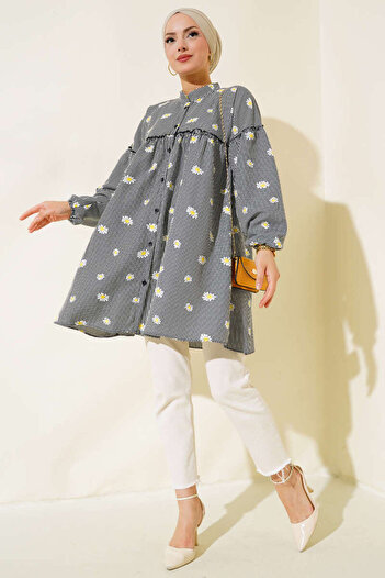 İKLİM LİFE Black Striped Daisy Patterned Layered Tunic