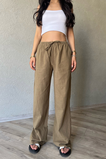 Seda Yalçın Atelier Wide Leg Linen Trousers - Khaki Patch and Pocket Detail