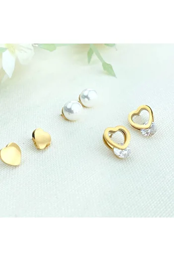 Kyver Pearl Earrings Pearl Heart Solitaire Triple Set Earrings Tarnish Free Steel Gold