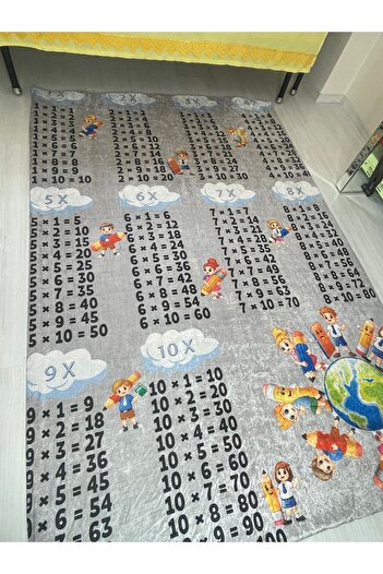 MEKA TEKSTİL Elastic Velvet Carpet Cover with Multiplication Tables for Kids