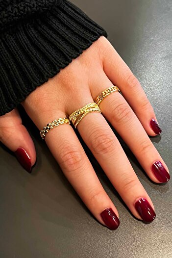 TREND COLLECTİON Klasik Minimal Gold Ayarlanabilir 3'lü Kadın Yüzük Seti