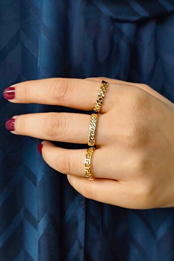 TREND COLLECTİON Klasik Minimal Gold Ayarlanabilir 3'lü Kadın Yüzük Set